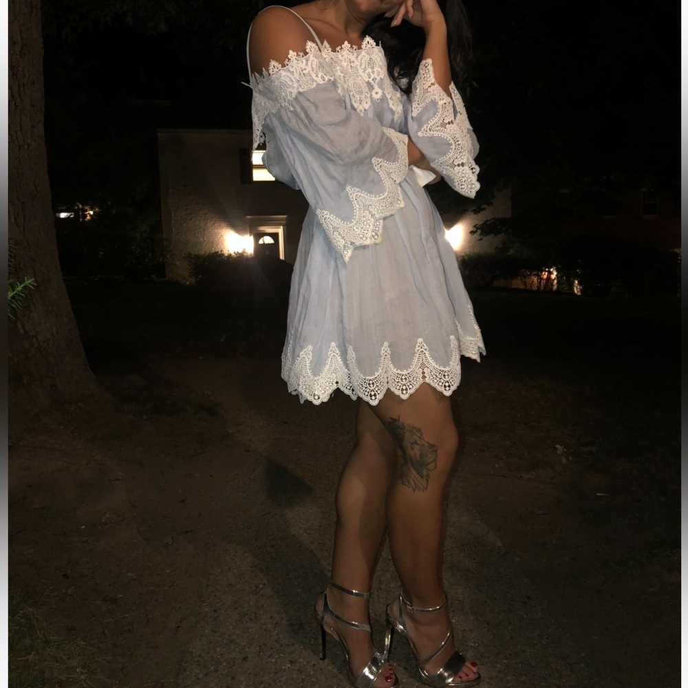 Zara Light Blue Dress with White Lace Overlay